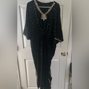Agha Jaan Black and Gold Sequin Kaftan Dress with Gold embroidery